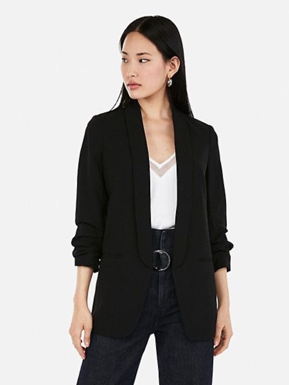 Express * Black Women's Ruched Sleeve Boyfriend Blazer